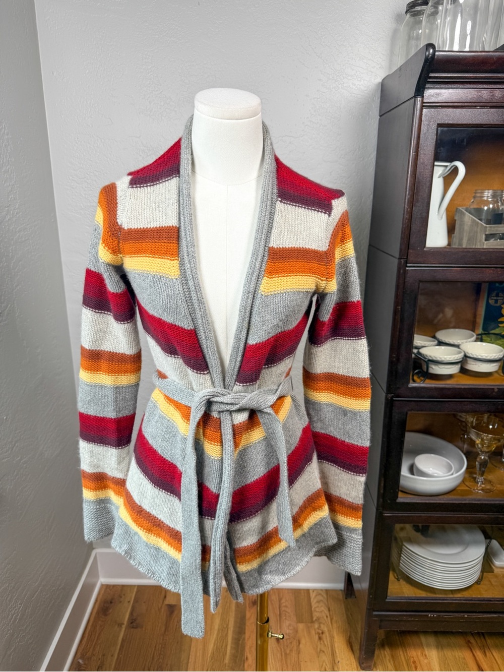 Vince 100% Cashmere Striped Belted Cardigan Sweater Gray Red Orange Size S